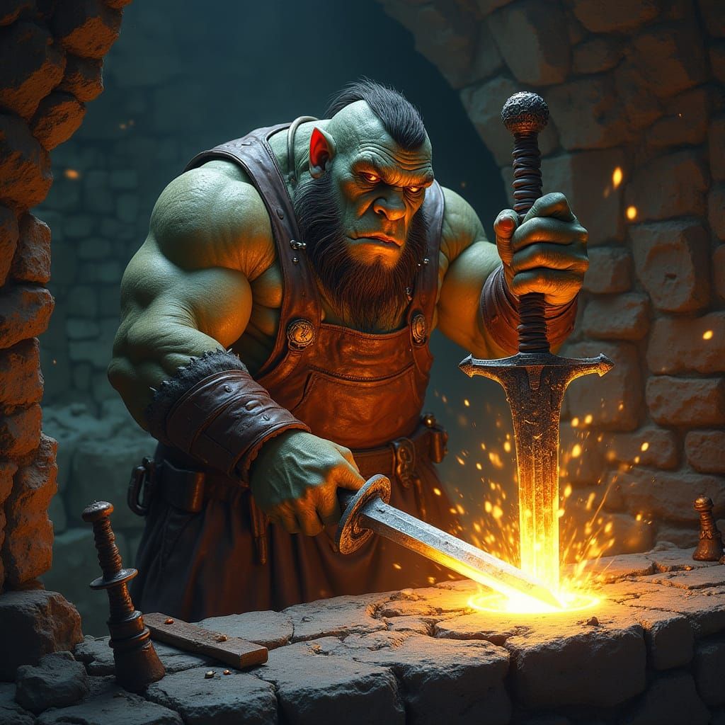 Ogre Blacksmith Forging Glowing Sword: Dark Fantasy Art