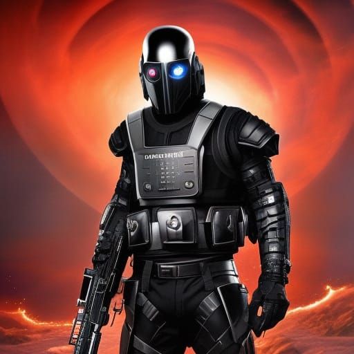 Futuristic anthro dog soldier, black armor, full black body sci-fi, RIFTS, human with german shepherd head, wearing blac...