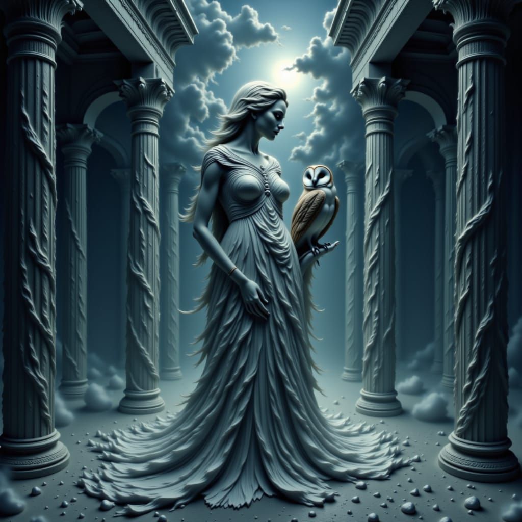 Athena with Owl in Moonlit Greek Temple