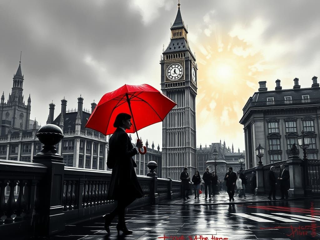 Moody Black and White London Scene with Romantic Couple