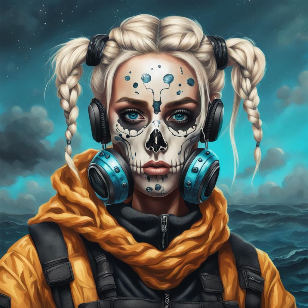 Hyperrealistic Girl with Space Buns and Skull Snood
