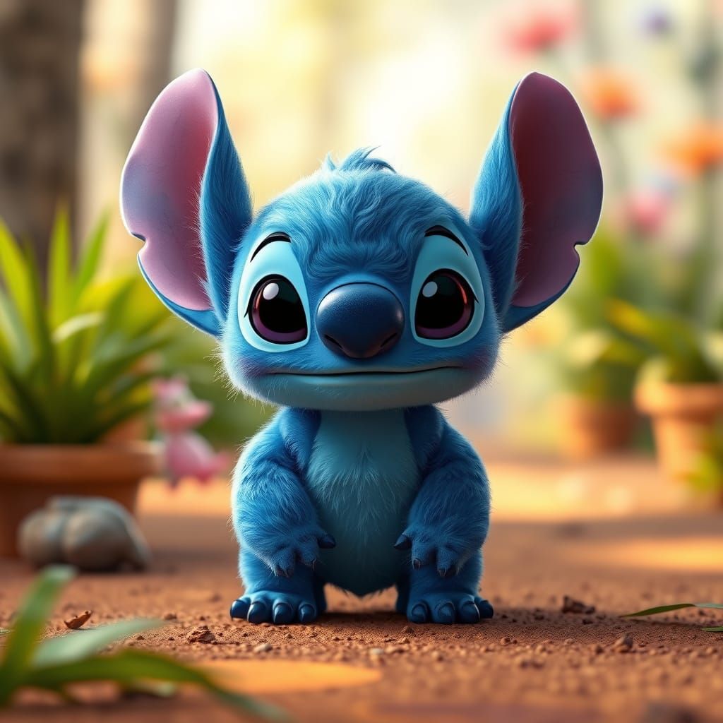 Live-Action Fluffy Stitch in a Cartoonish Style