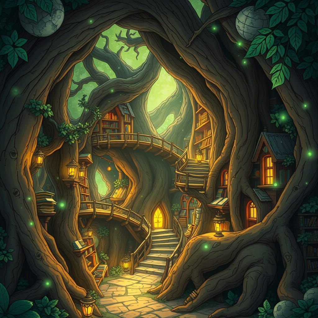 Enchanted Tree Library with Glowing Roots and Floating Books