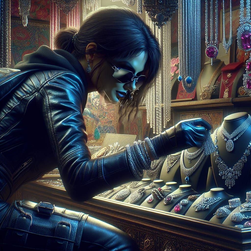 Woman Stealing Diamonds: Detailed Matte Painting in 8k