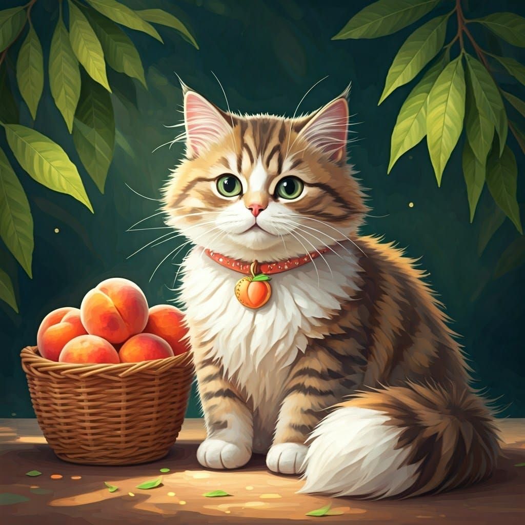 Whimsical Feline Amidst Lush Peach Grove