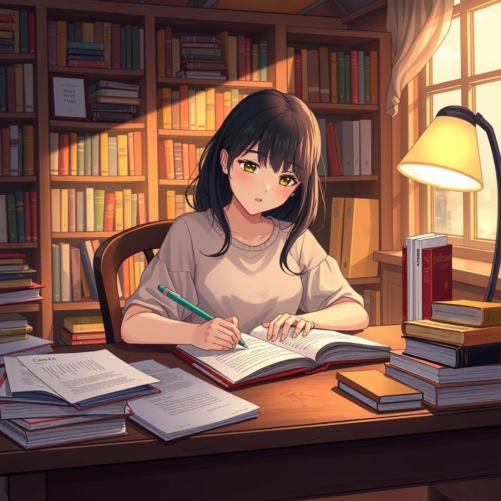 Woman Writing in Library, Anime Style Illustration
