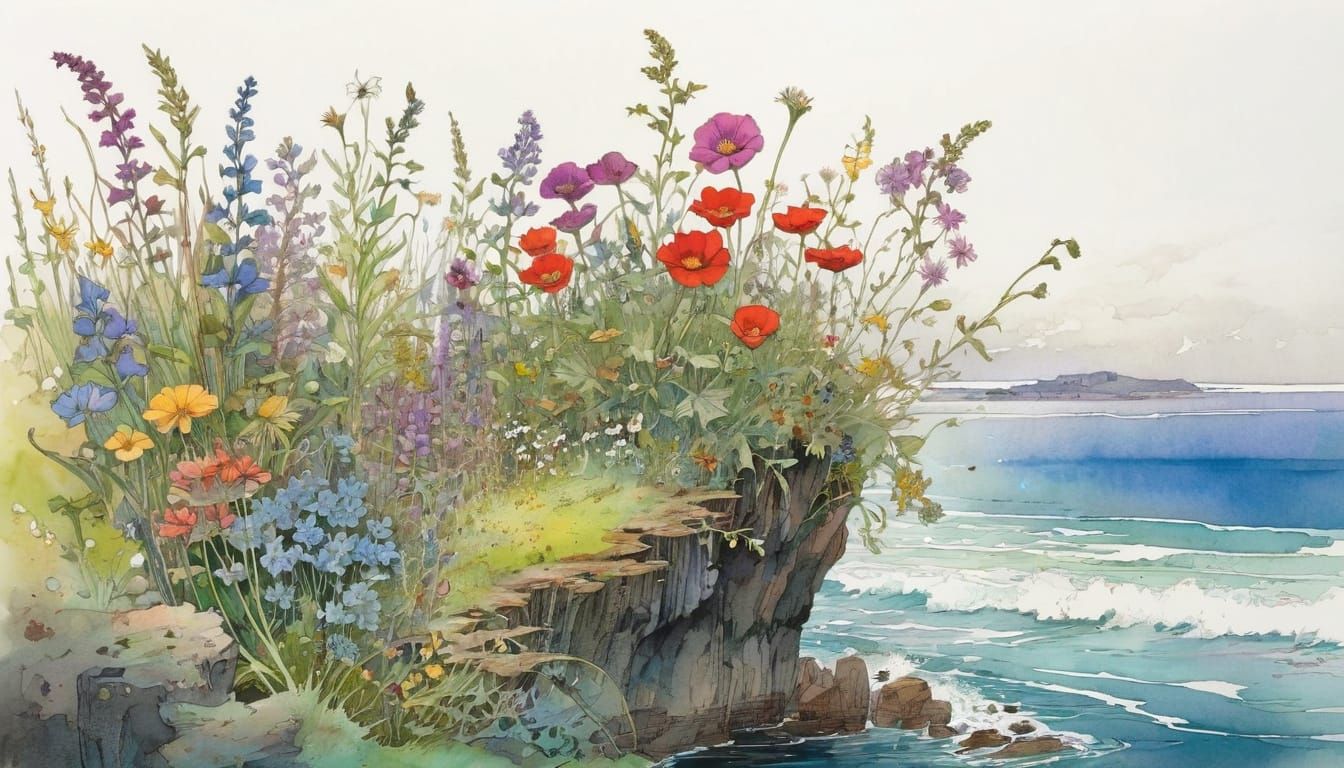 Vibrant Wildflowers Along a Seaside Landscape in Whimsical W...