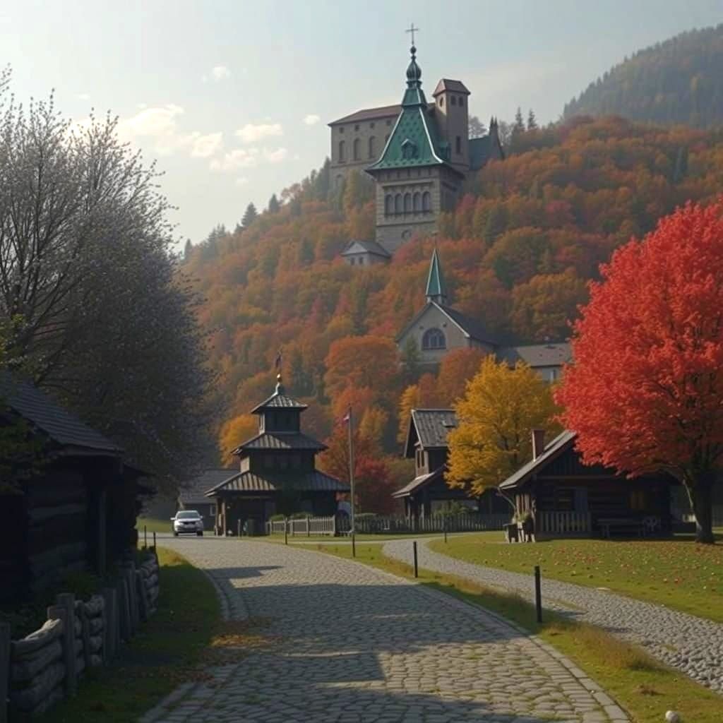 Rustic Village Amidst Autumn Glory in a Realistic Style