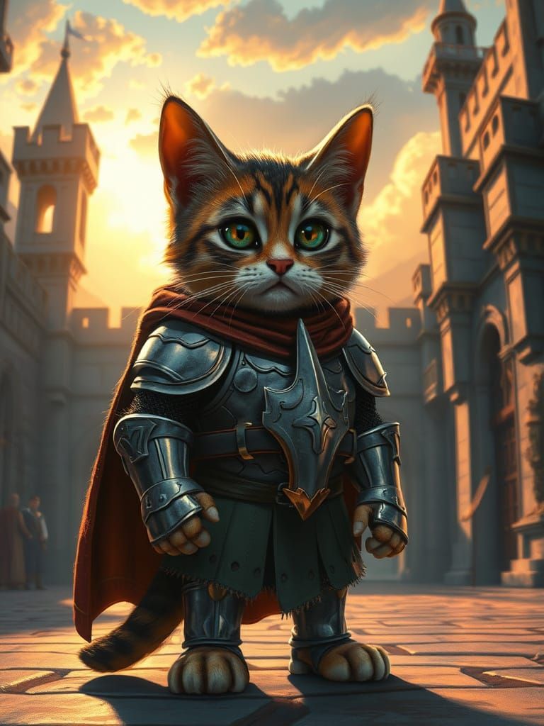 Brave Knight Cat in Castle Courtyard