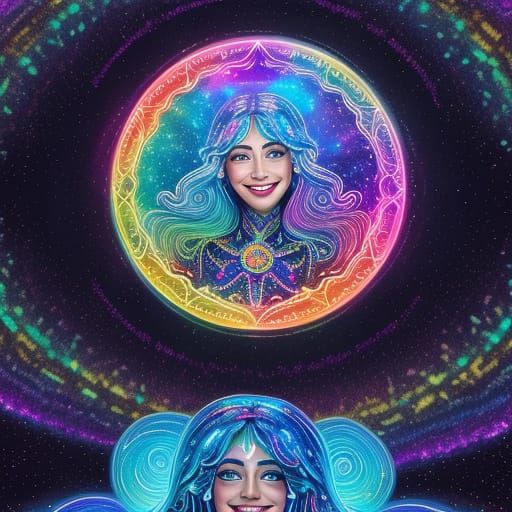 Happy Woman with Sparkling Eyes in Holographic Cosmic Art