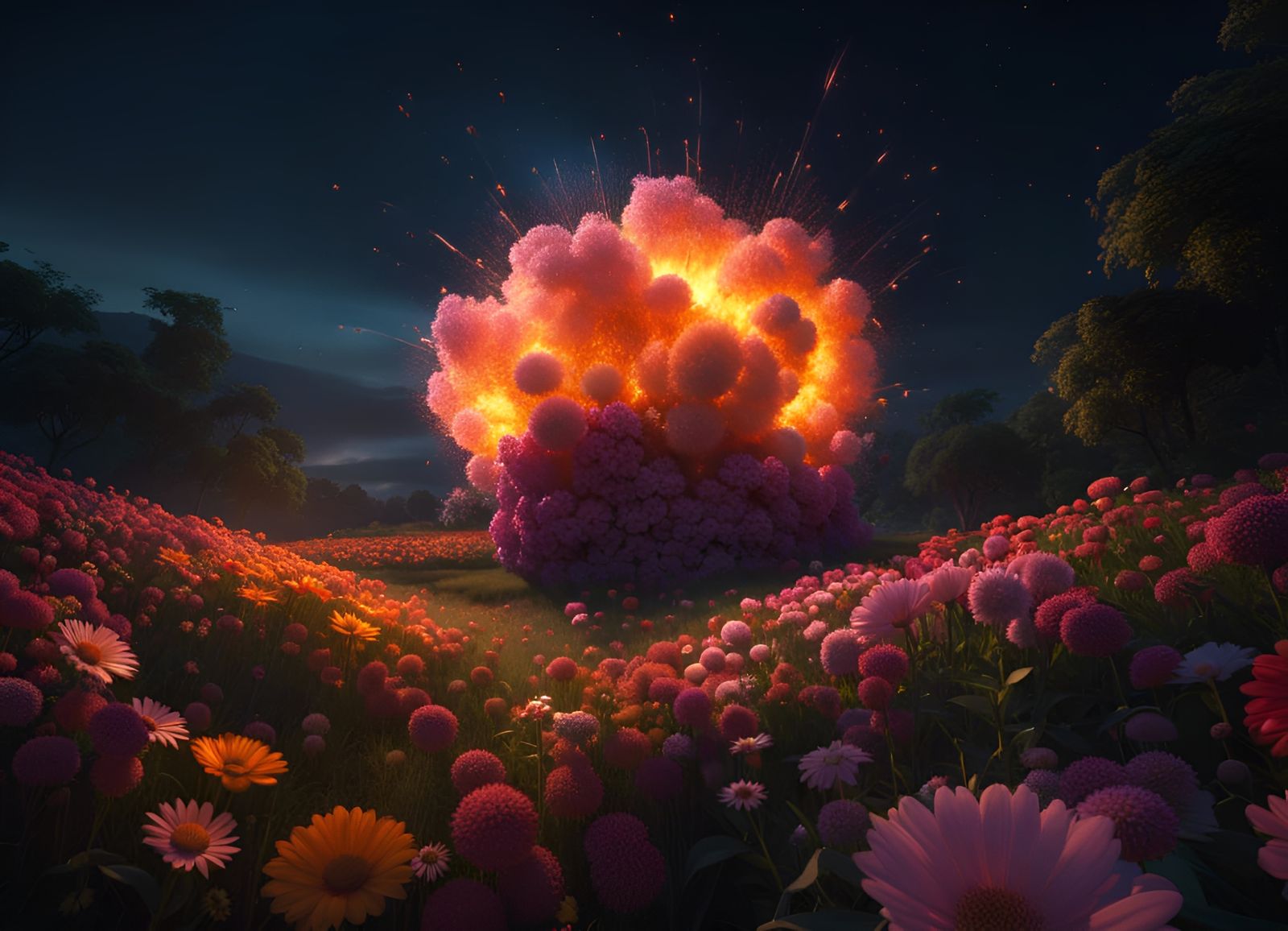 Detailed Nuclear Flower Explosion at Night