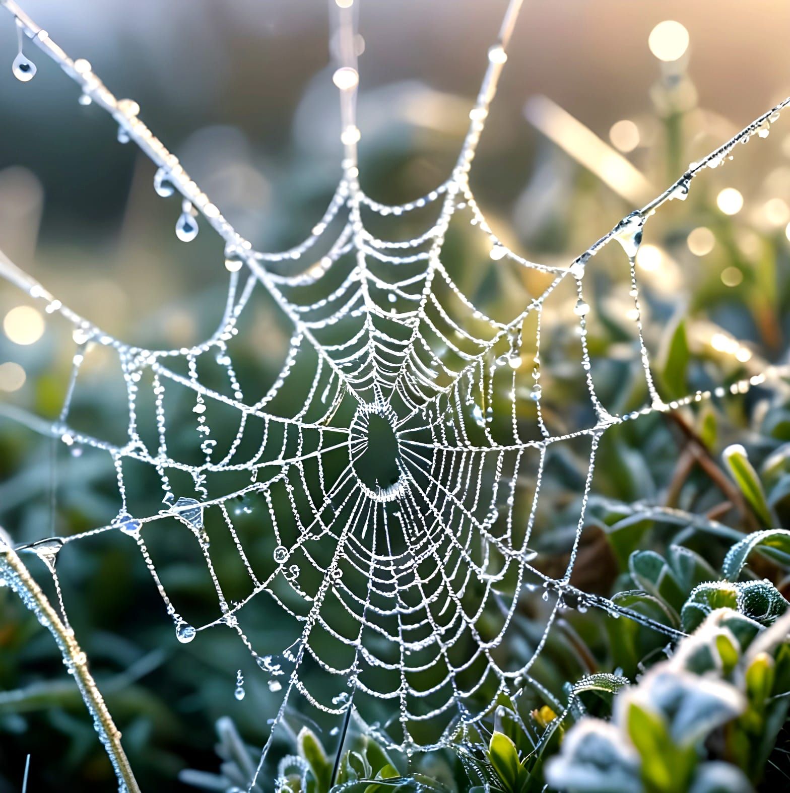 Macro Spider Web with Rainbow Droplets in Sunlight