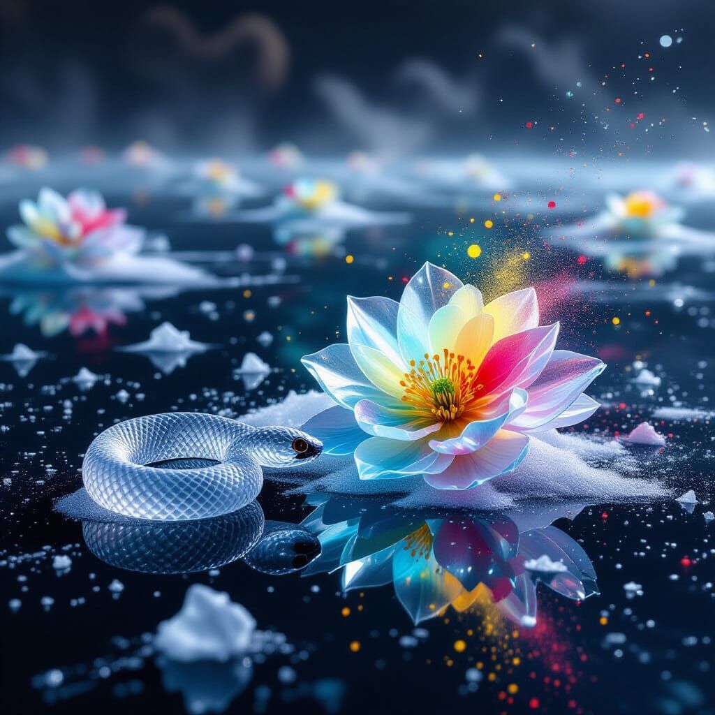 A crystalline serpent slowly dissolves into aerogel filament...