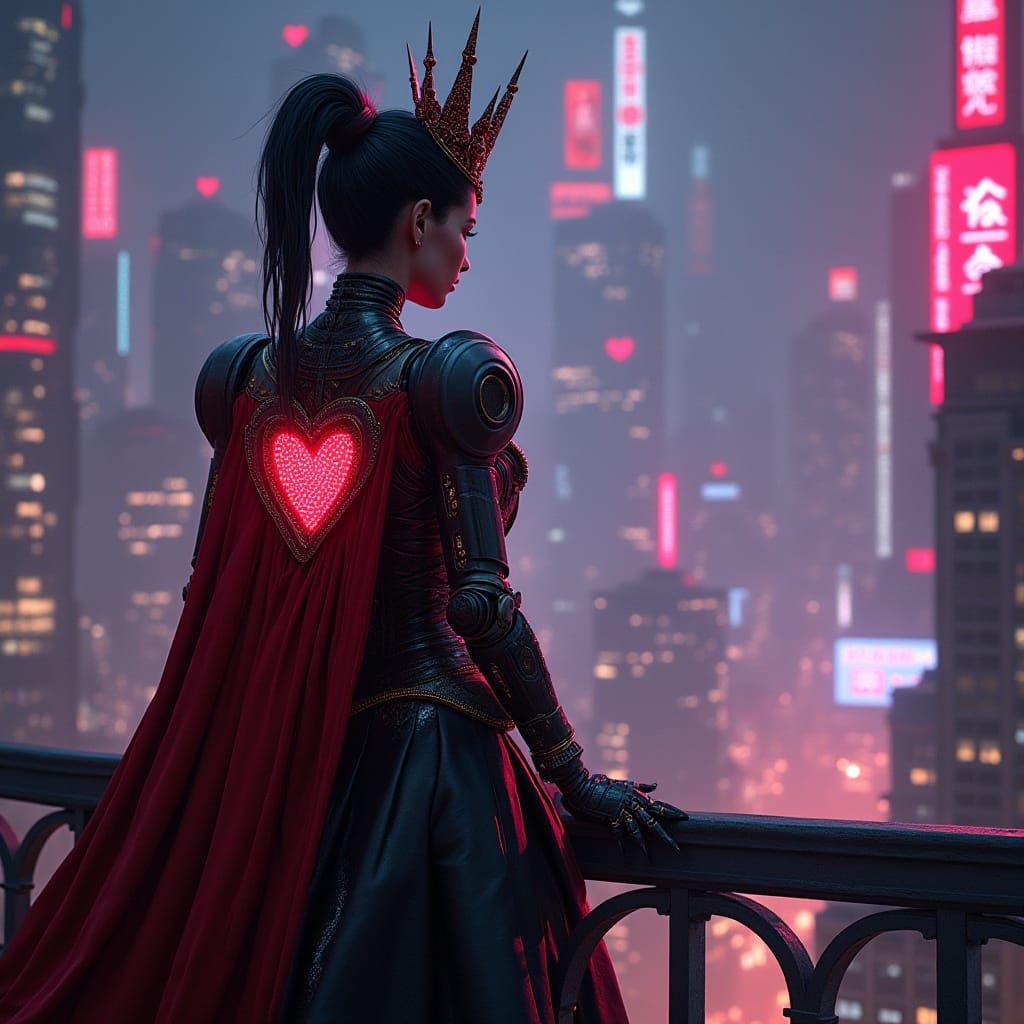 Cybernetic Queen of Hearts Rules Neon Metropolis