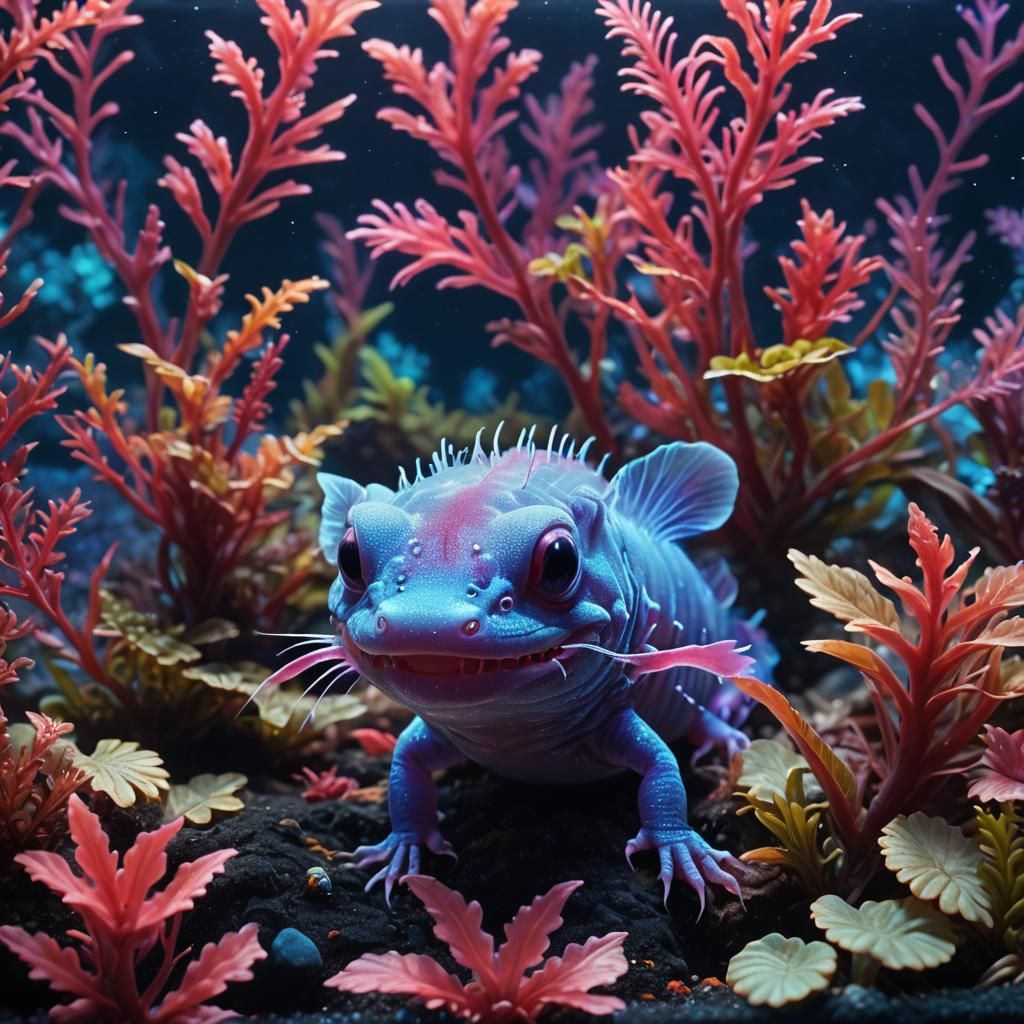 Bioluminescent Axolotl in a Glowing Aquarium