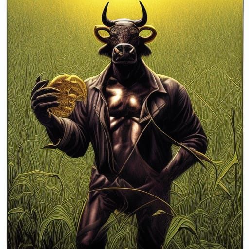 Gothic Minotaur Monster in Golden Field