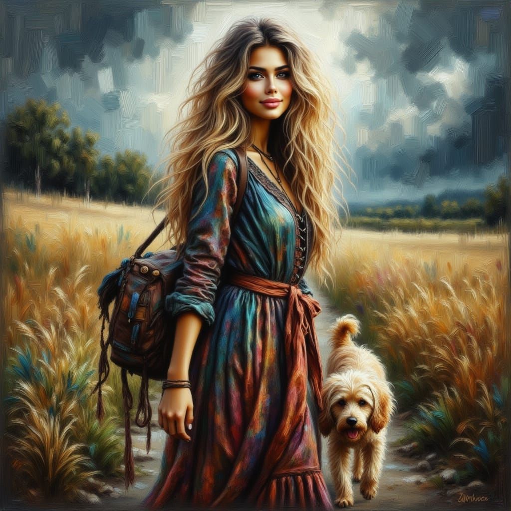 Stormy Day: Elegant Woman Walks Dog in Dramatic Landscape