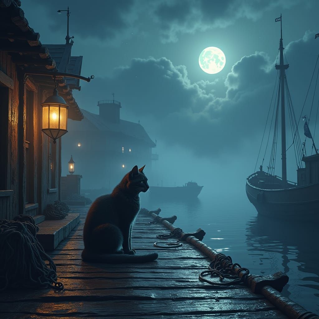 Mystical Cat on Moonlit Dock in Matte Painting Style