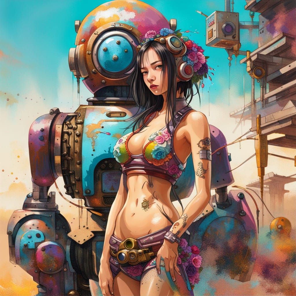 Steampunk Japanese Girl and Robot in Desert