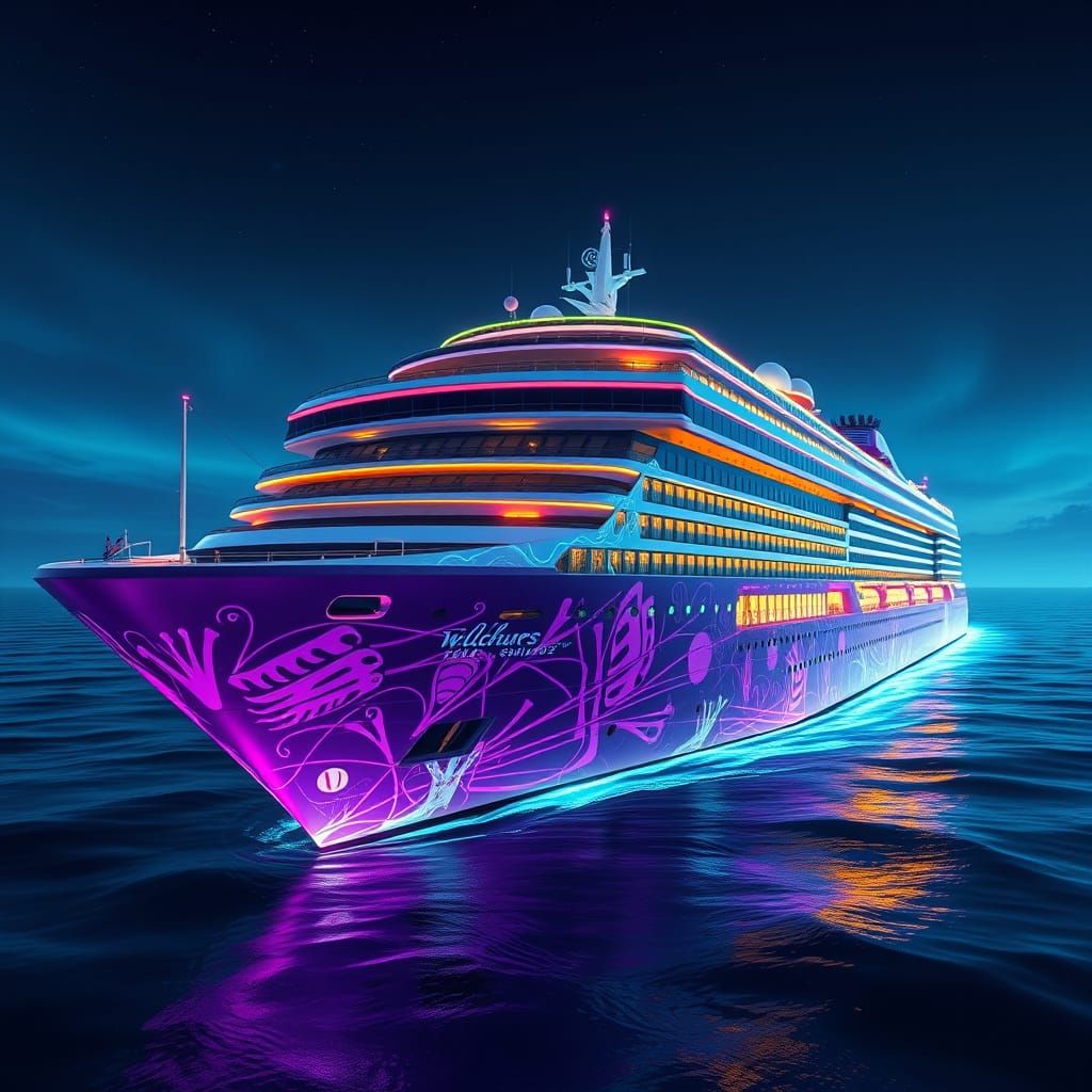 Luxury Cruise Ship Hull Glows with Aurora Colors