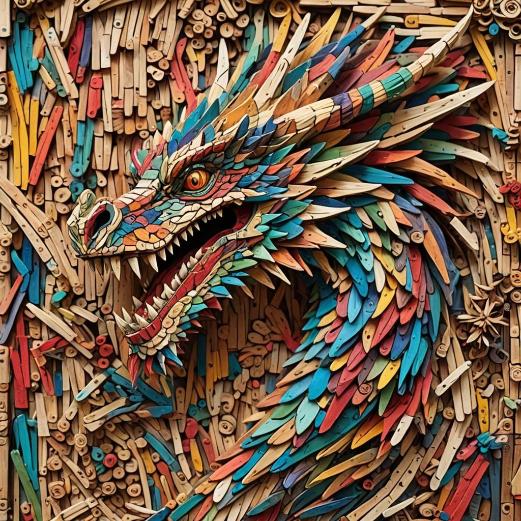 Colorful Dragon Sculpture Made of Matchsticks and Wood