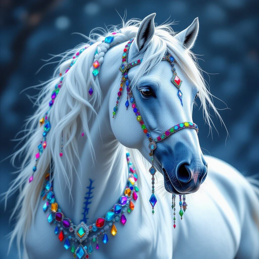 Gigantic White Horse with Crystal Beads and Blue Runes