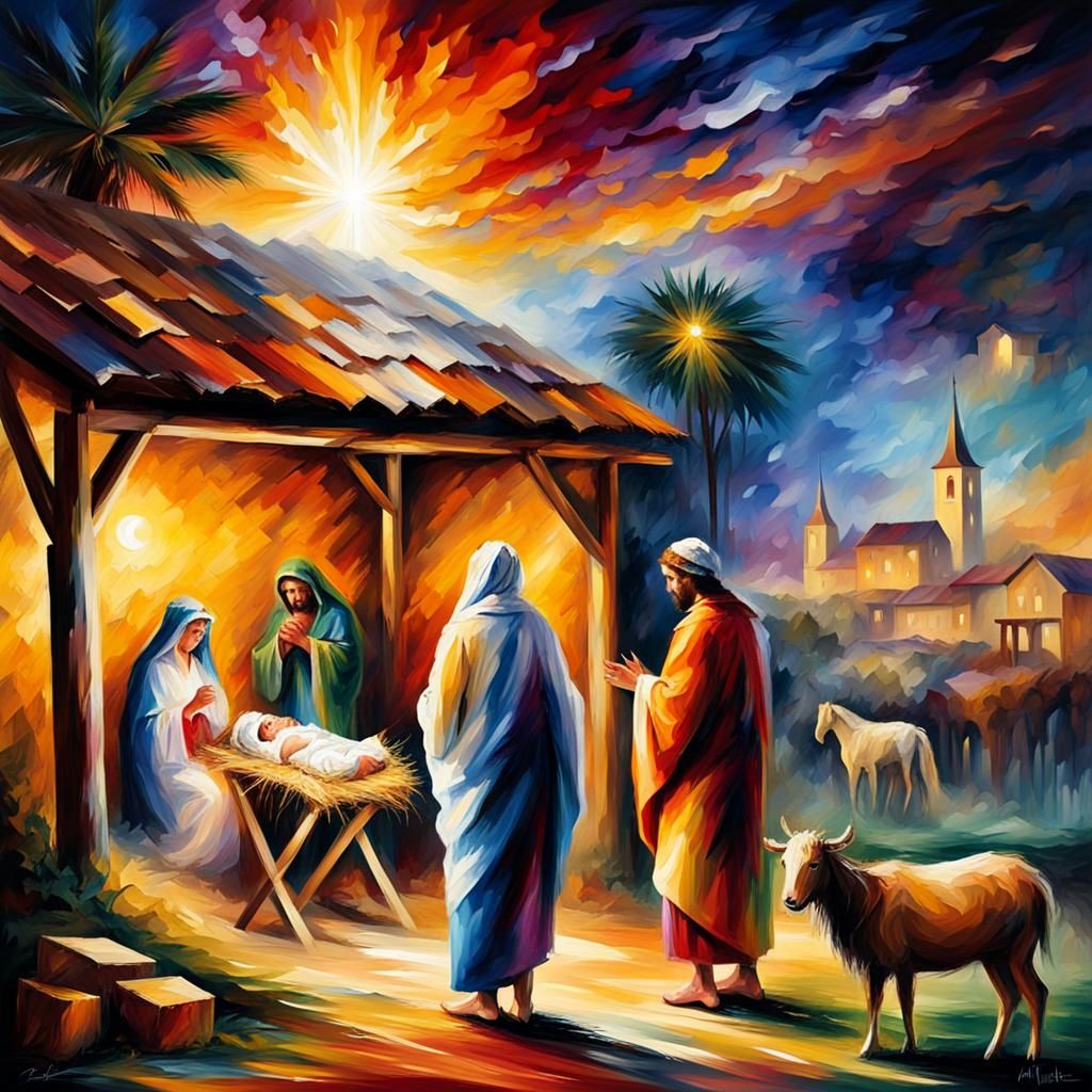 Colorful Nativity Scene in Impressionist Style