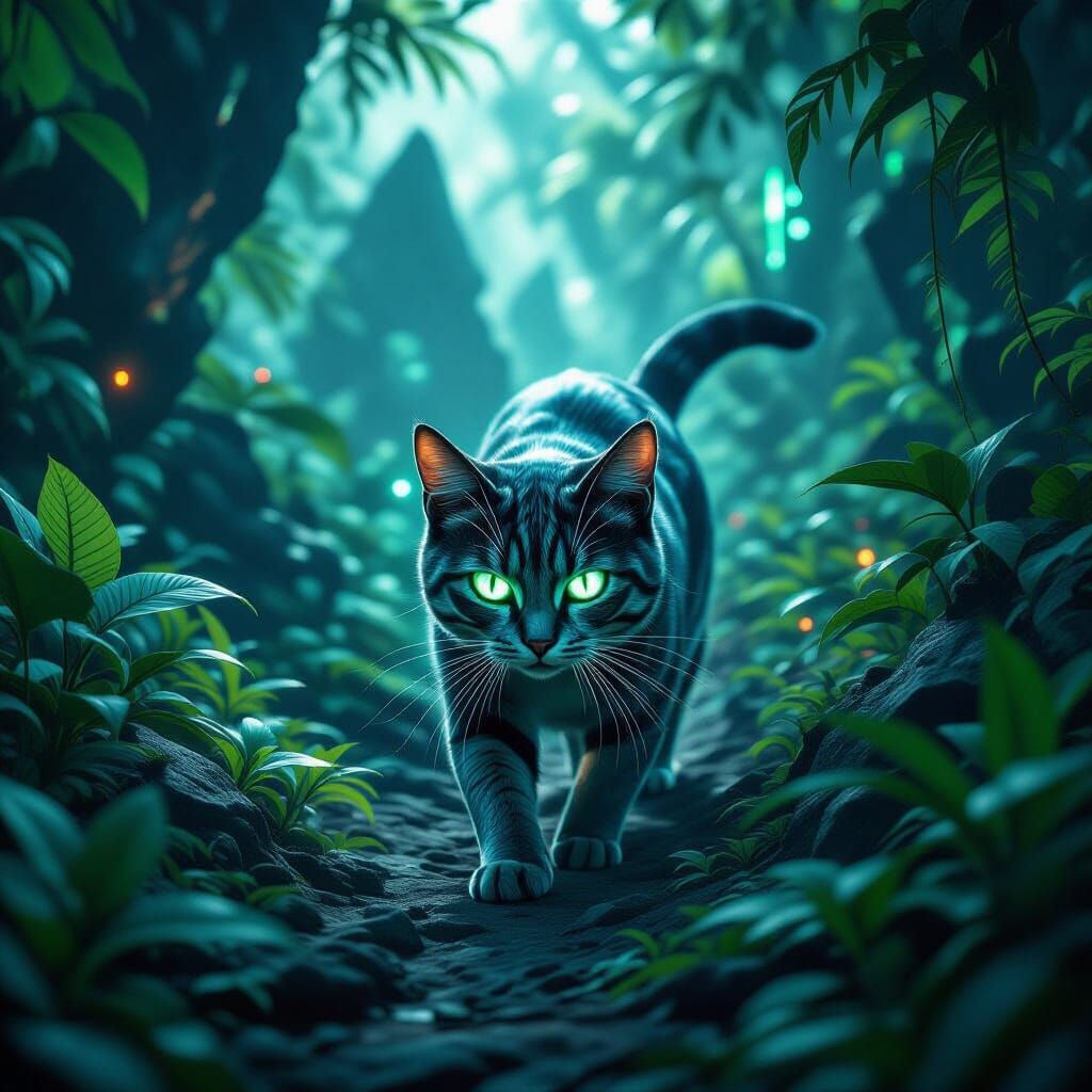 Chrome Cat in Bioluminescent Alien Jungle