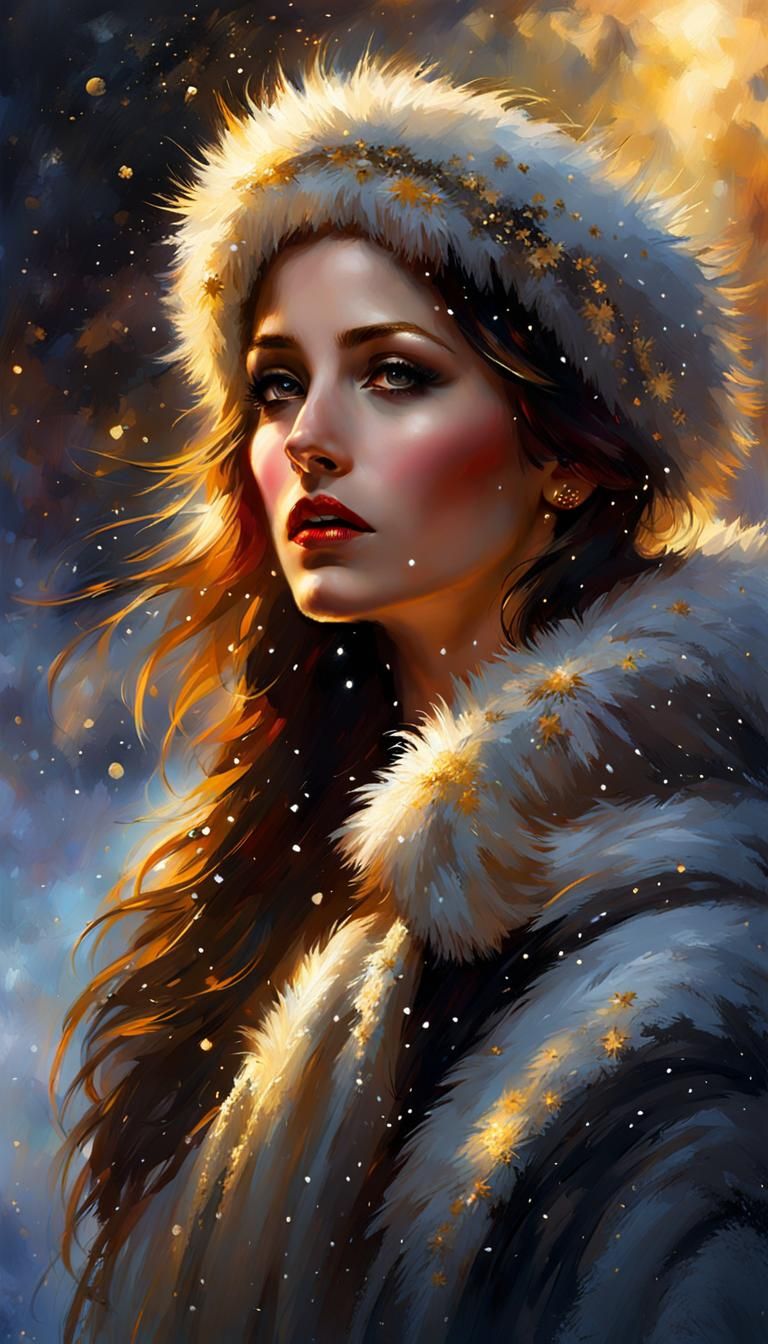 Winter Woman in Golden Hour, Classic Painting Style