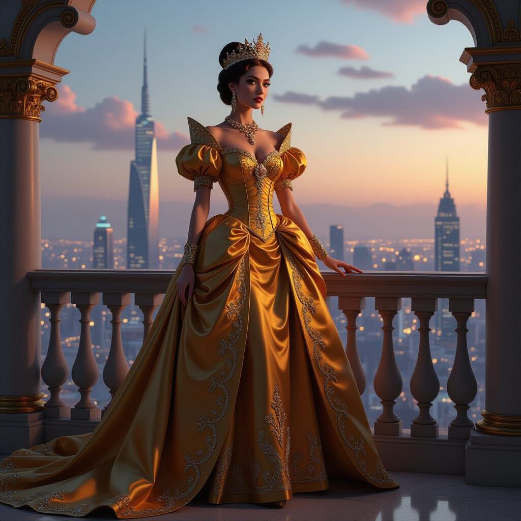 Queen Overlooking Futuristic City in Baroque Style