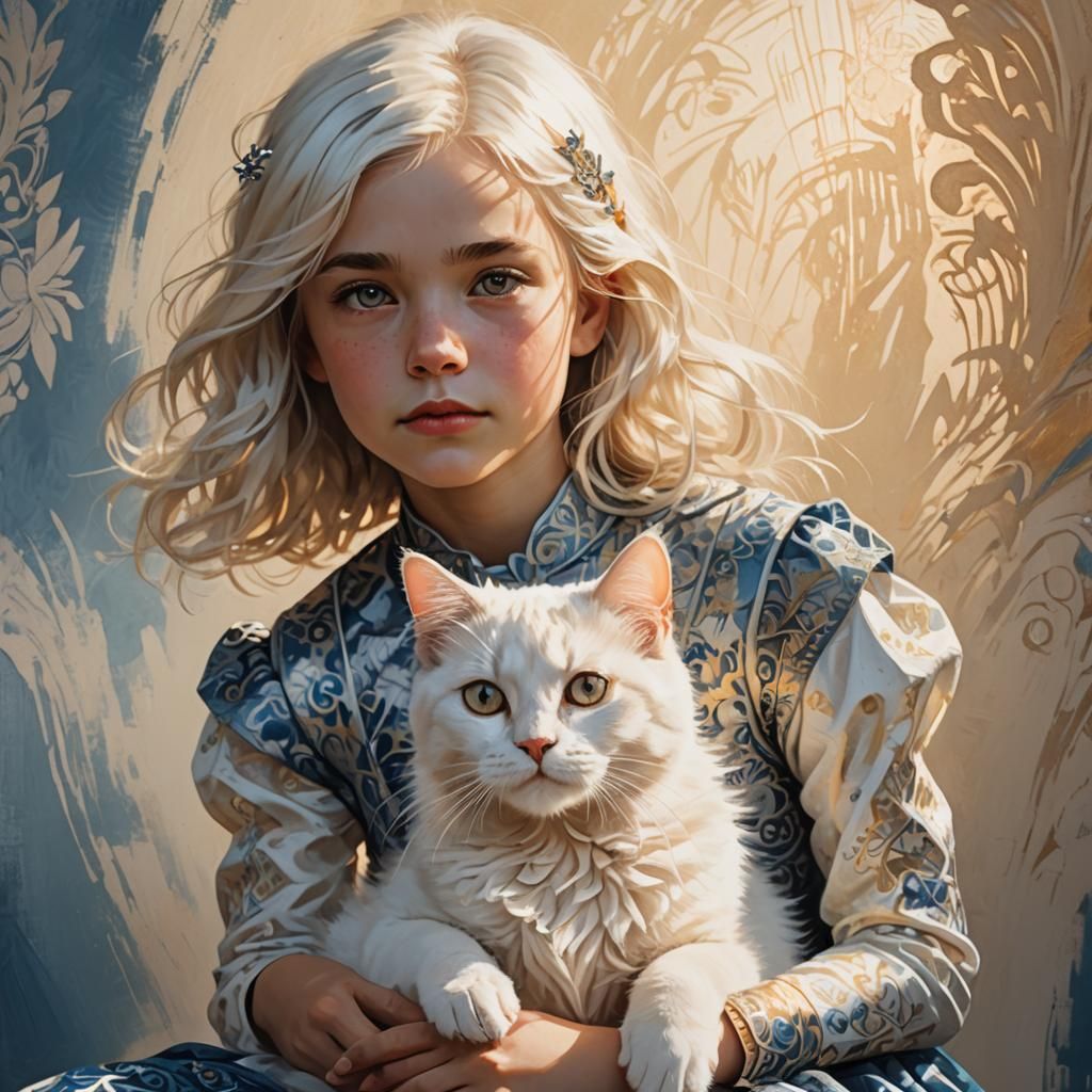 Girl and Cat Portrait with Art Nouveau Influence