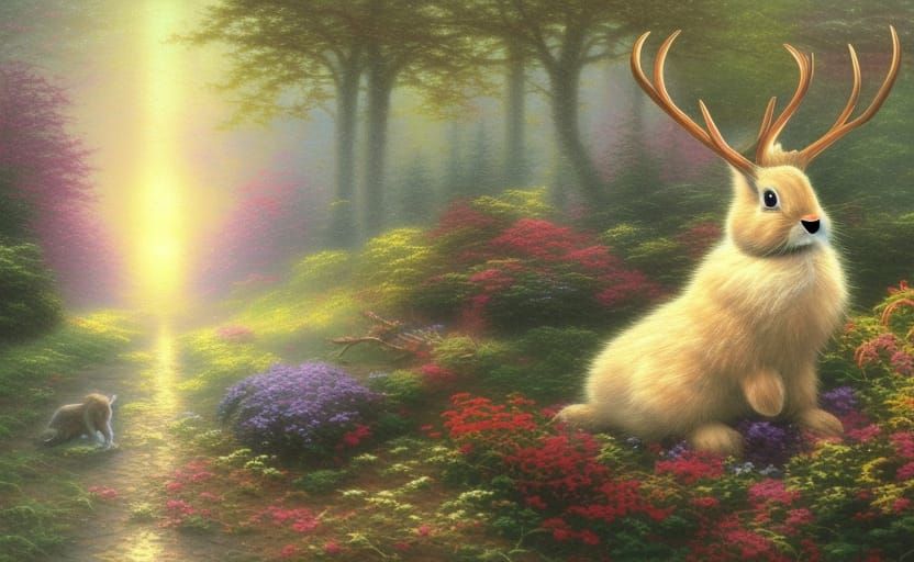 Ethereal Jackalope in Mist, Hyperdetailed Fantasy Art