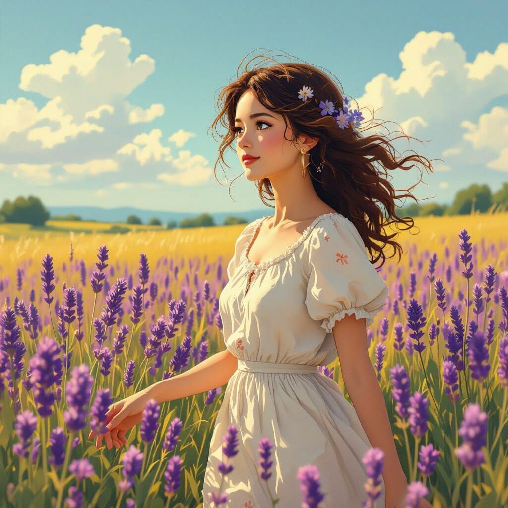 Lavender-Adorned Woman in Sunlit Field, Miyazaki-esque Style
