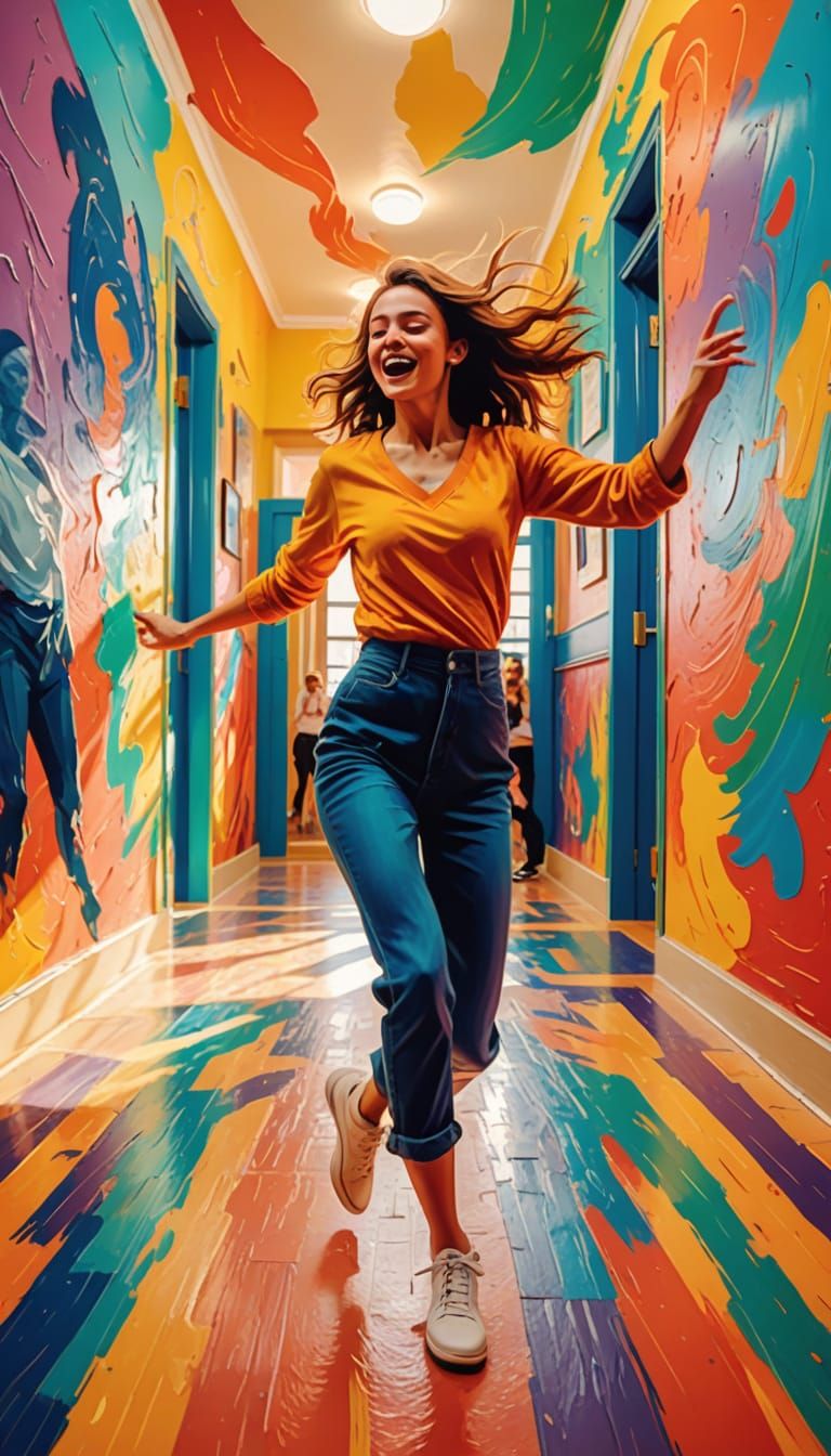 Energetic Student Dancing in Hallway