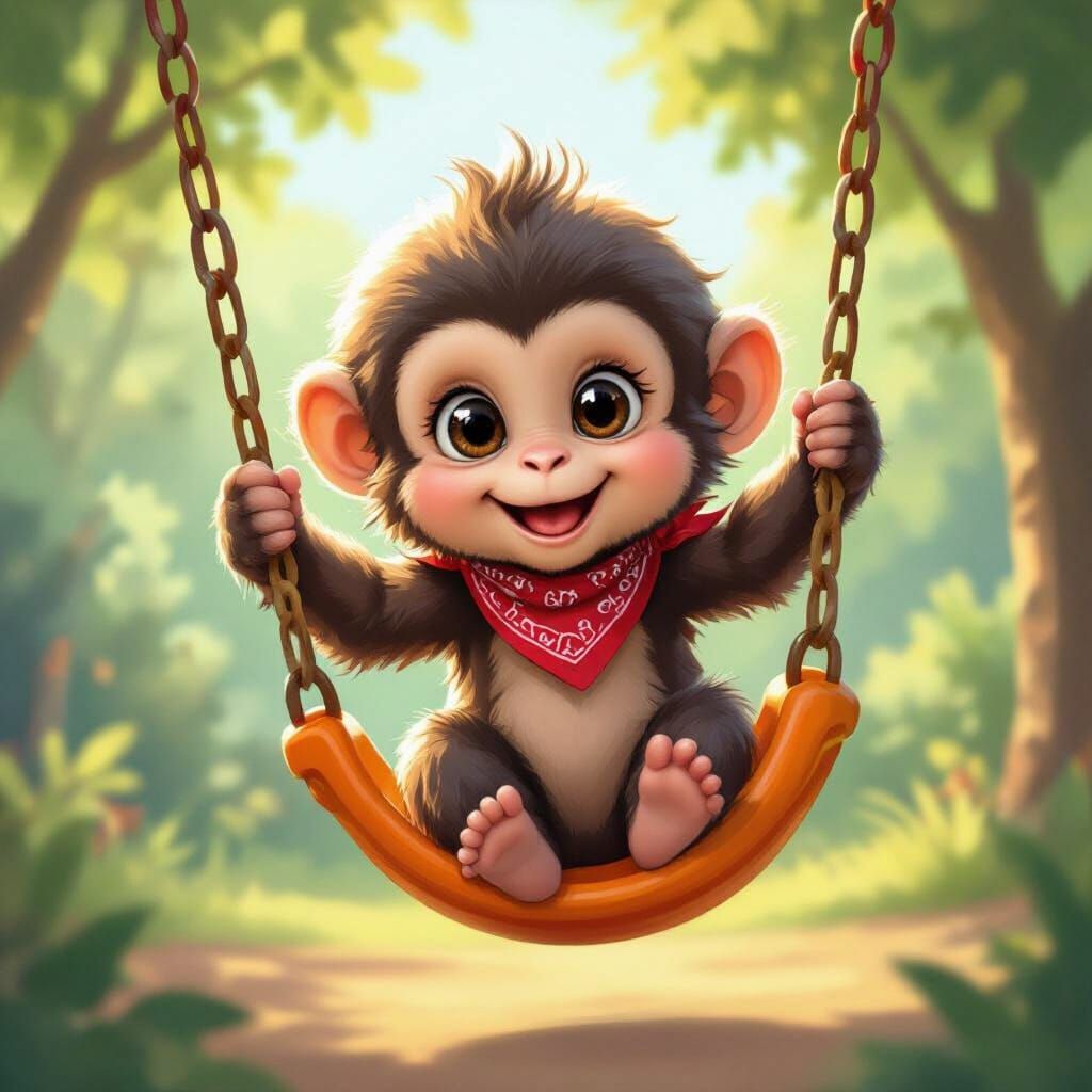 Whimsical Baby Monkey Swinging on Playground