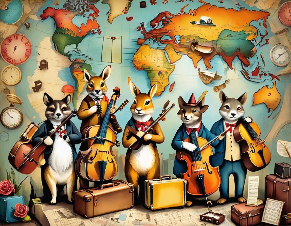 Animals' Whimsical World Tour in Folk Art Style