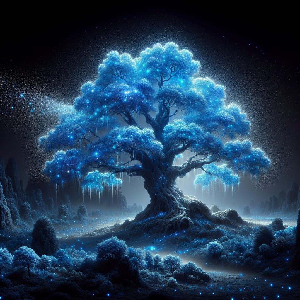 Majestic Glowing Tree in Hypermaximalist Blue Night Scene