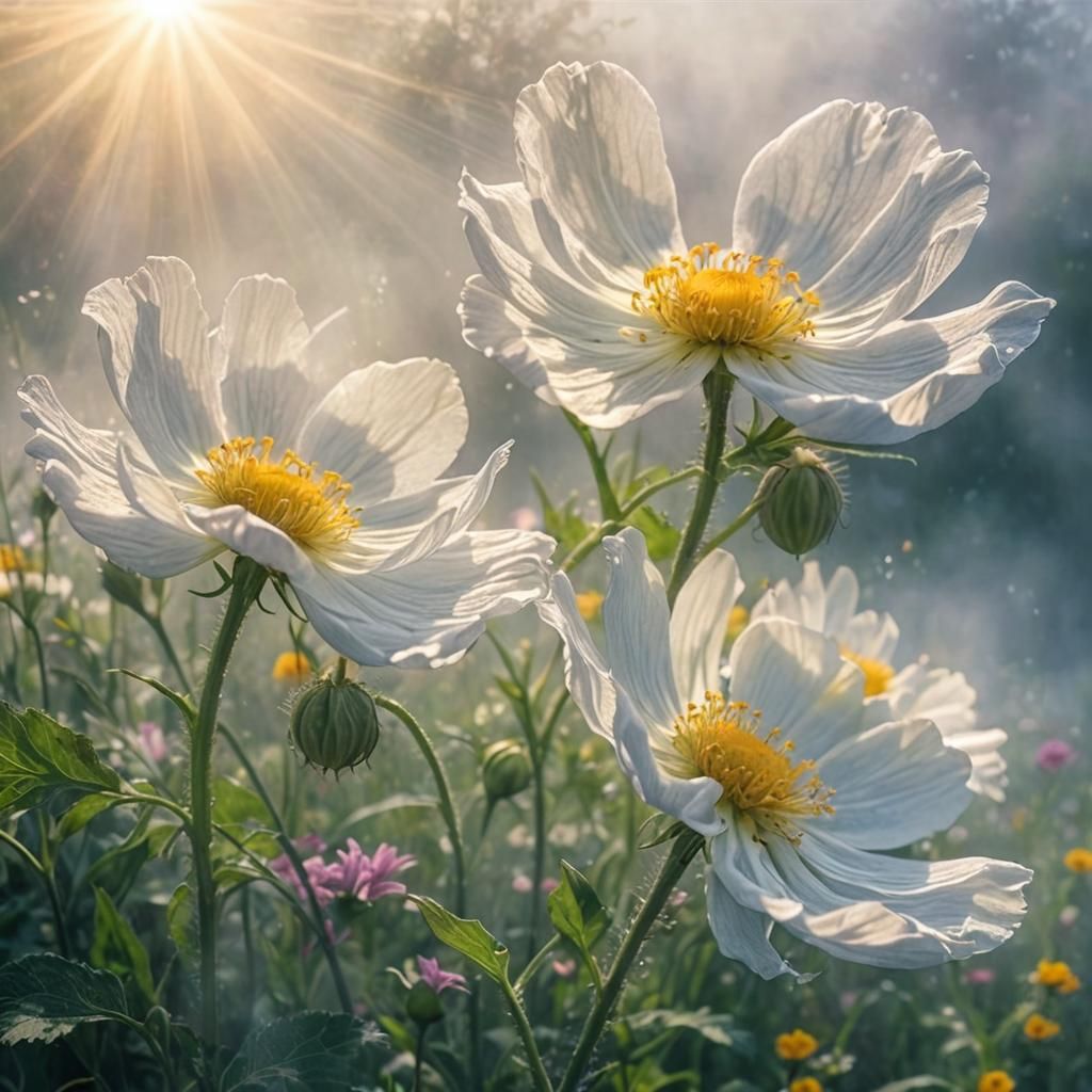 Flowers in Fog with Divine Sunshine