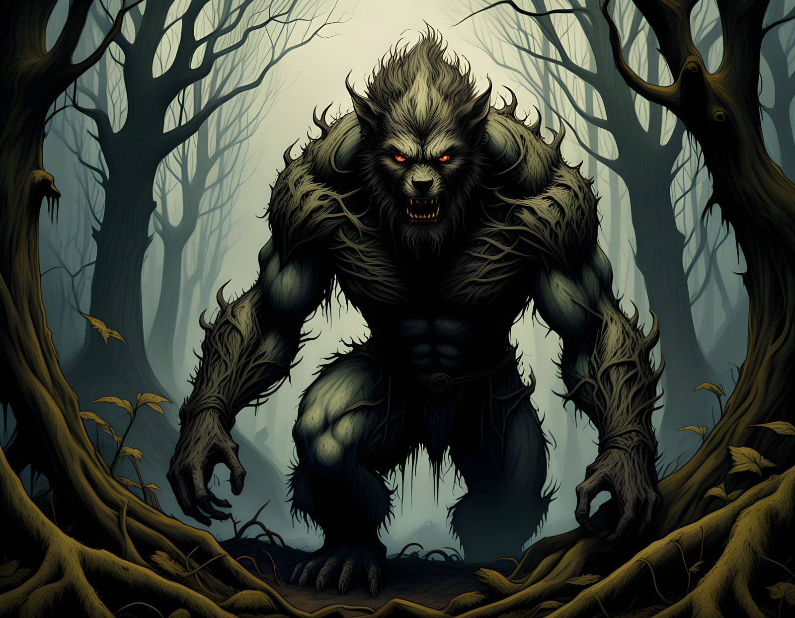 Mysterious Wolfman Amidst Dark Forest Landscapes