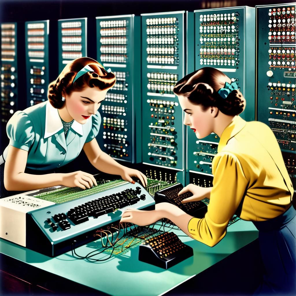 Vintage Photo of Women Working on Retro Computer
