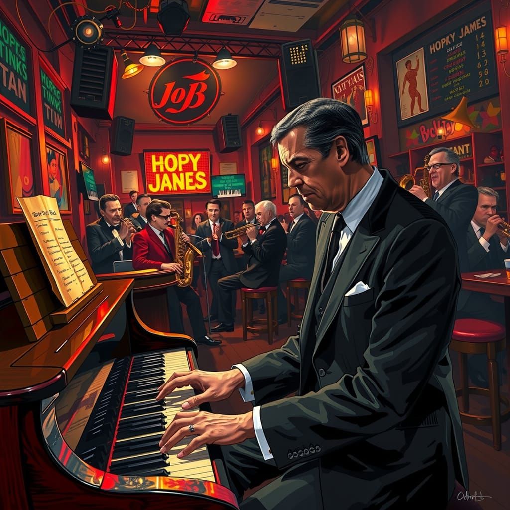 1950s Jazz Club: Bandleader at Piano in Photorealistic Style