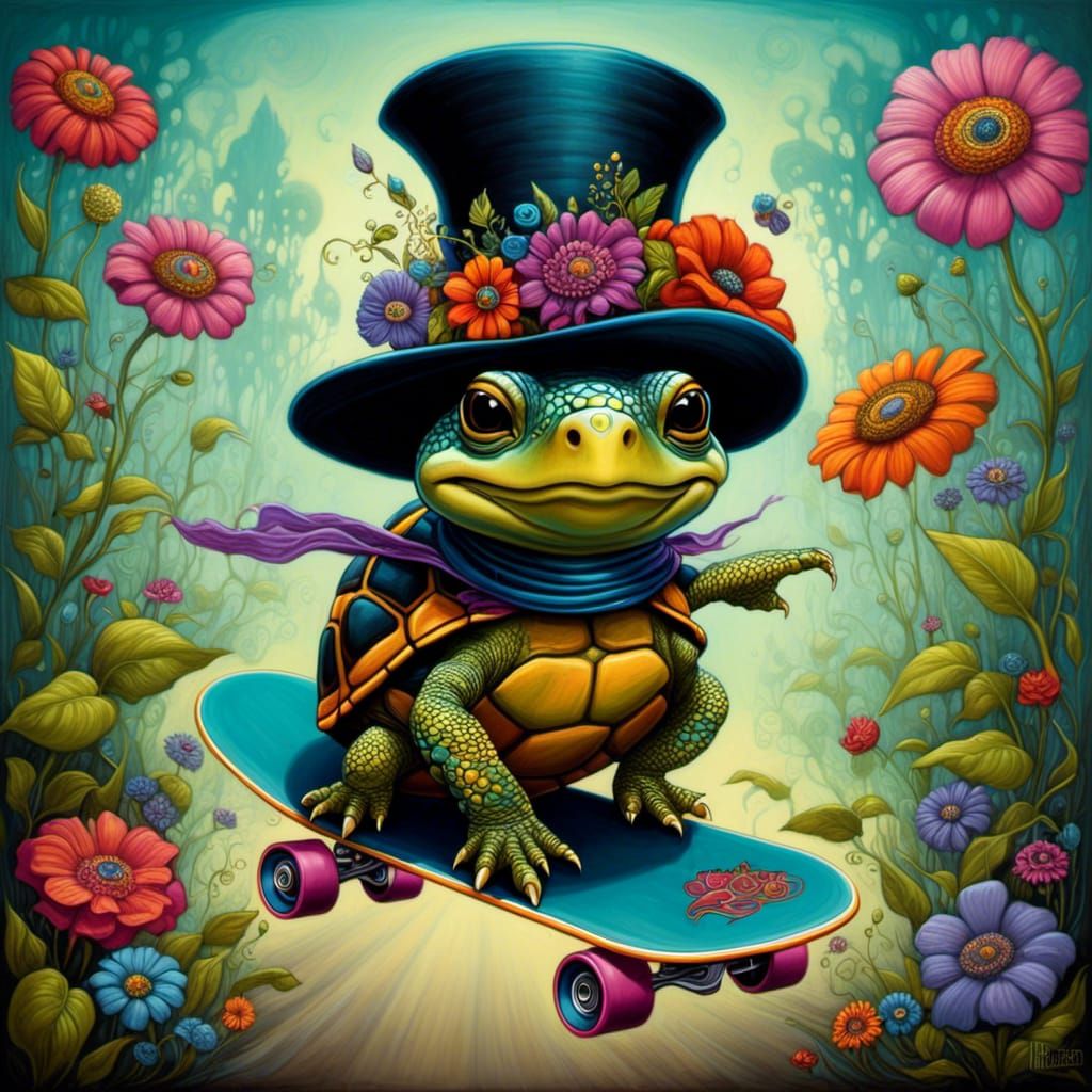 Turtle Skateboarder with Floral Top Hat