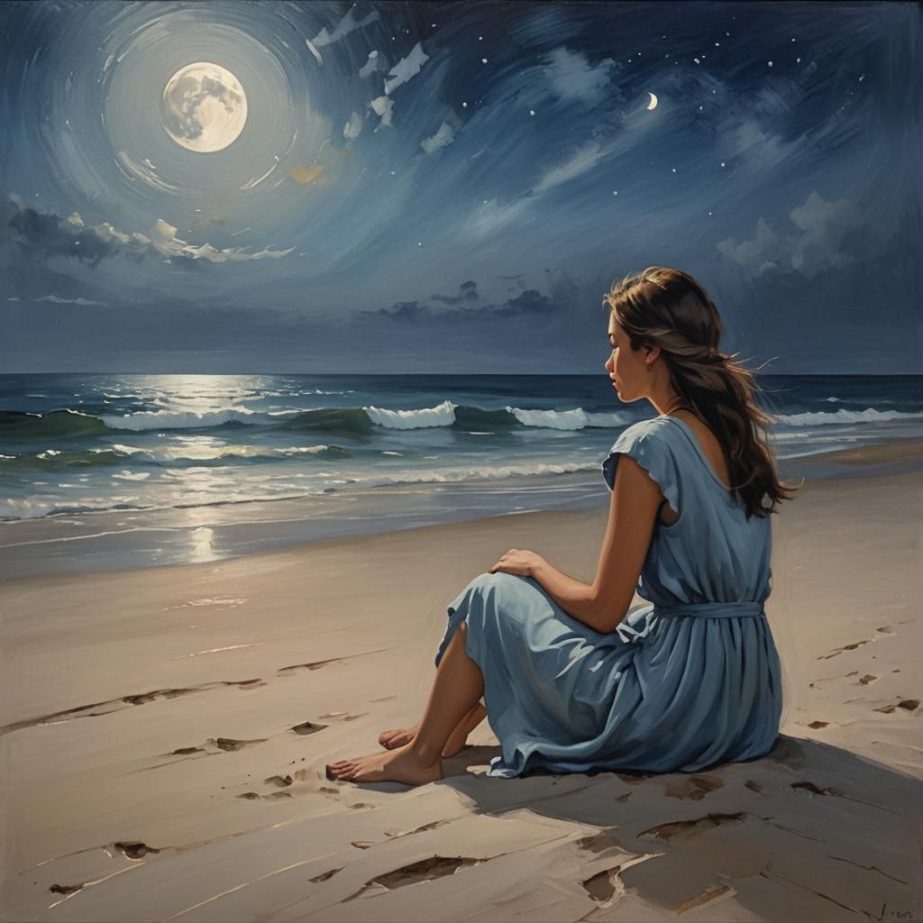 Moonlit Beach: Impressionistic Girl in Peaceful Solitude