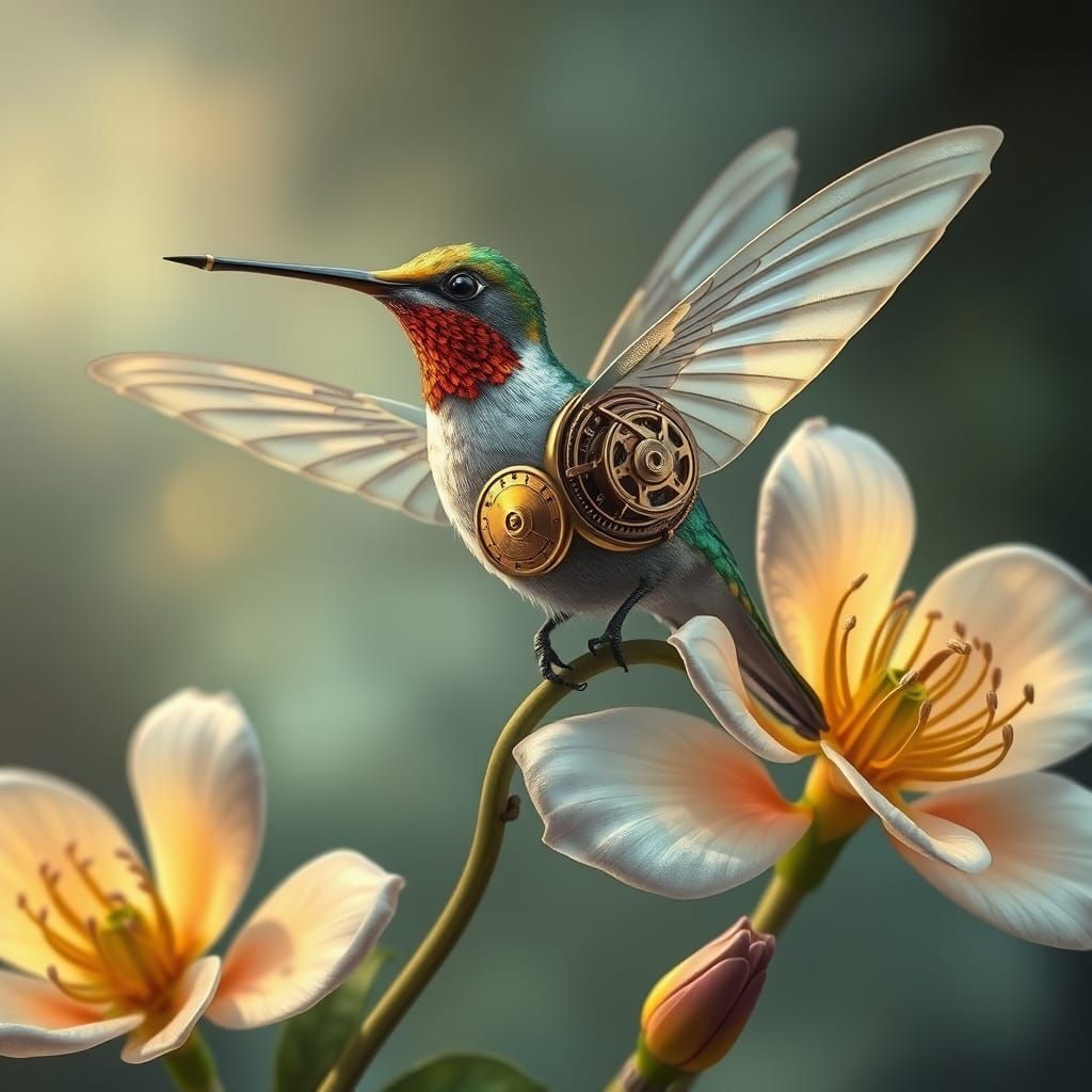 Steampunk Hummingbird on Bioluminescent Flower in Art Nouvea...