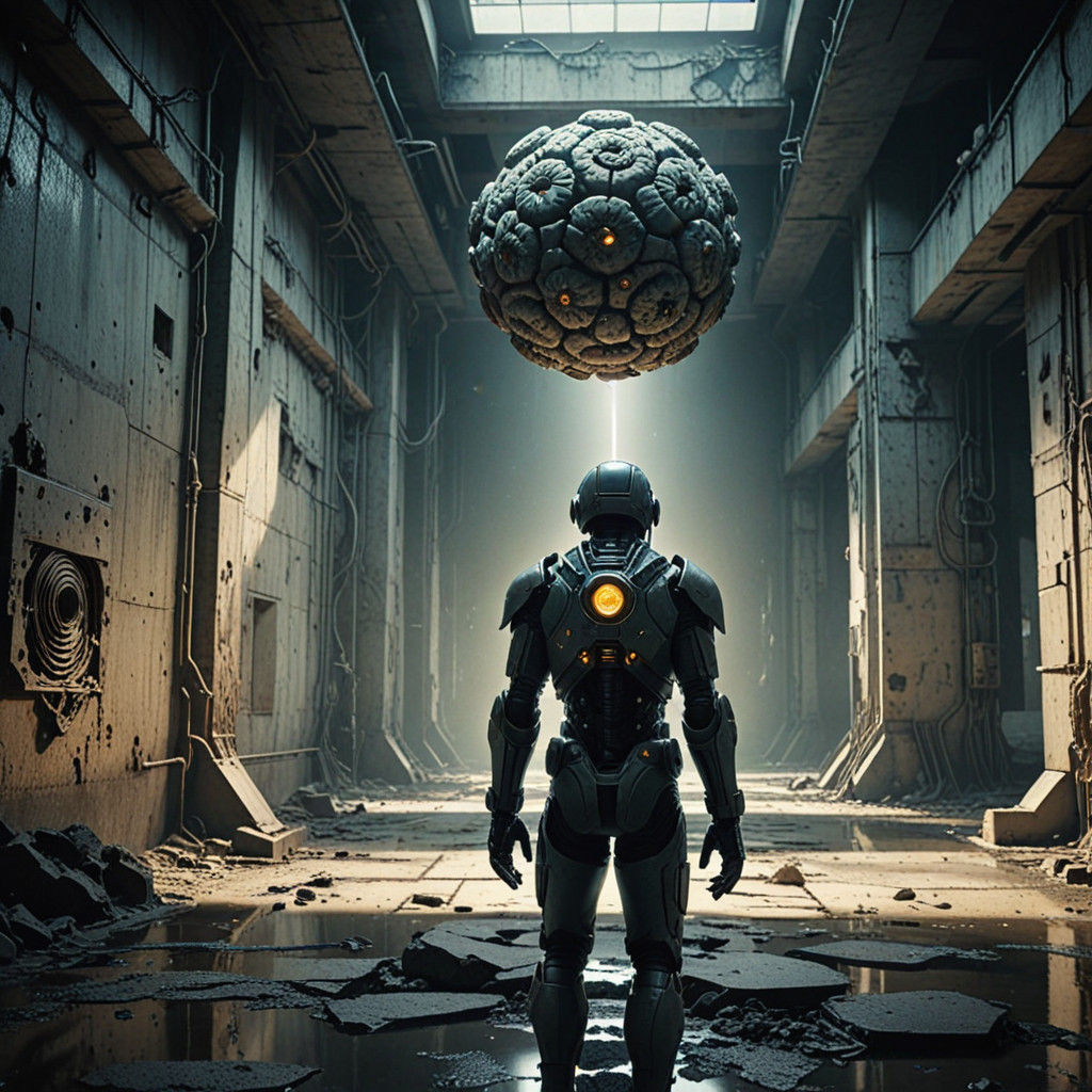 Low-Lit, Retro-Futuristic Figure in a Dimly Lit Room