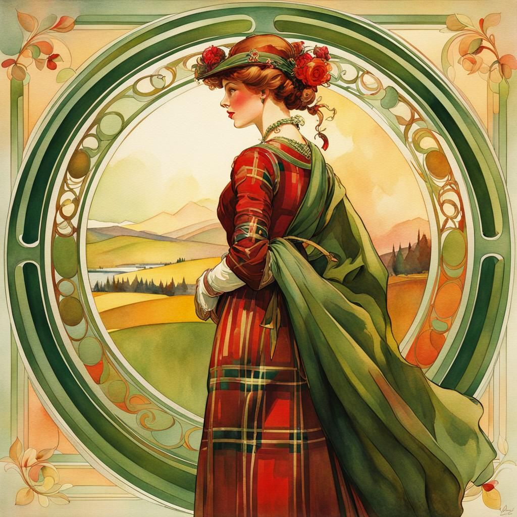 Elegant Lady in Plaid Dress: Art Nouveau Watercolor