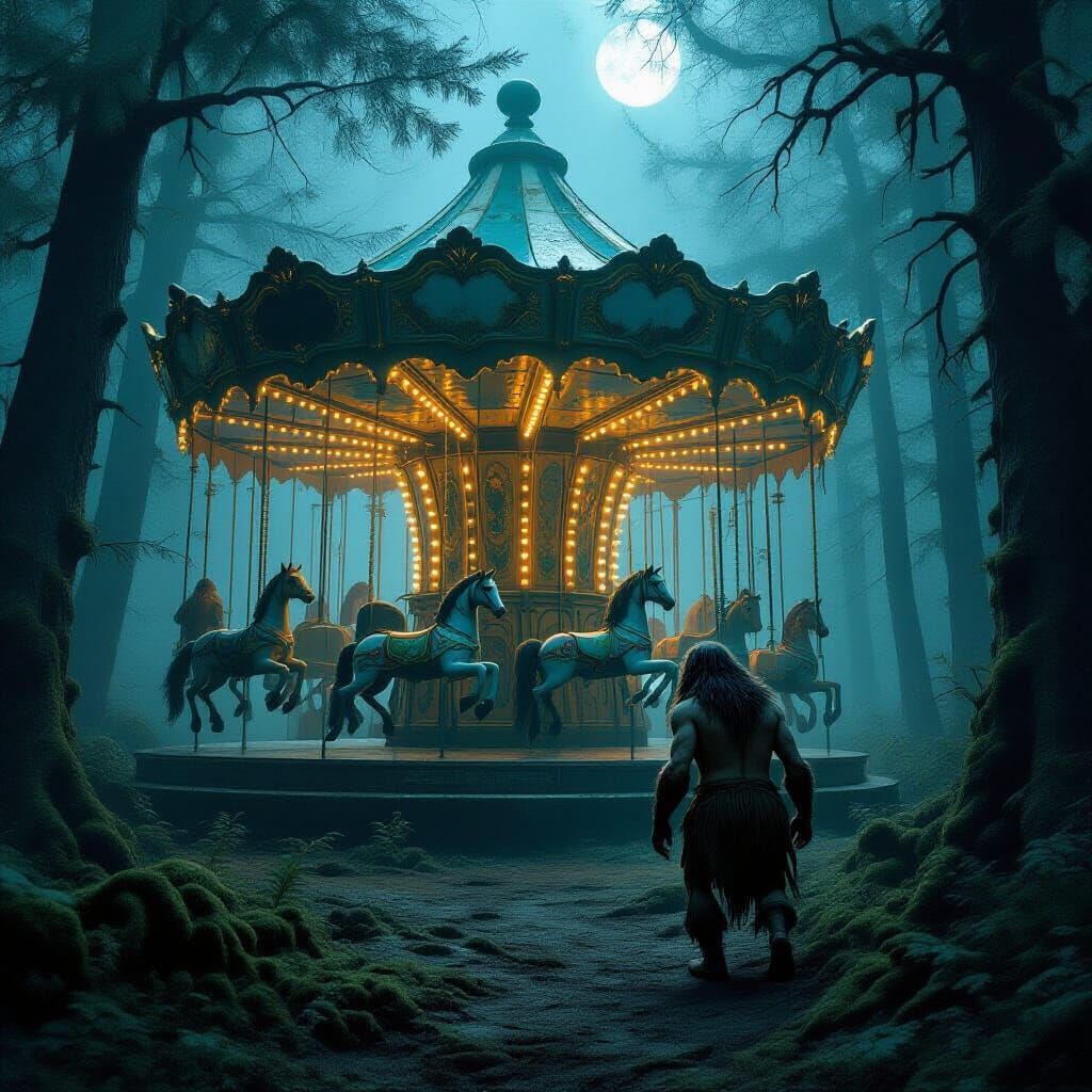 Caveman Discovers Eerie Forest Carousel in Moonlight