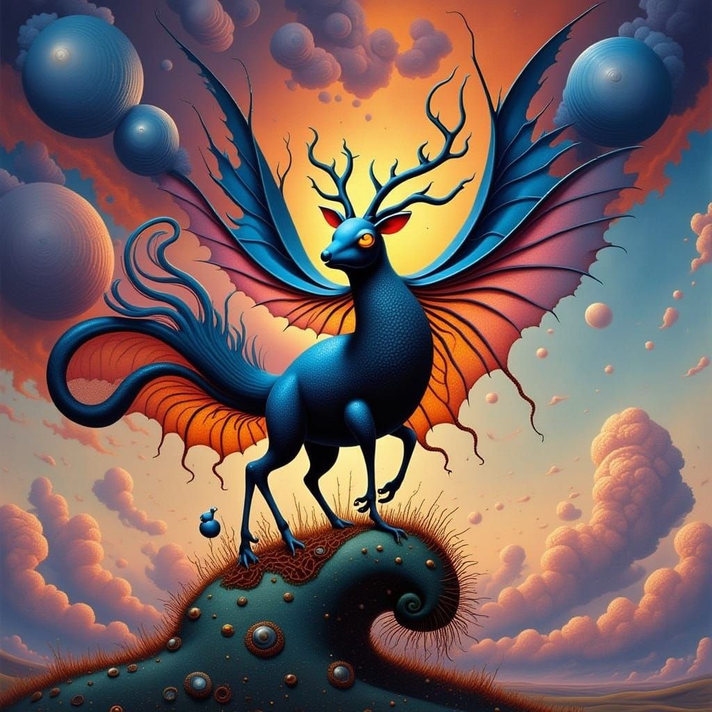 Surreal Flying Stag with Twisted Floral Wings and Glowing An...