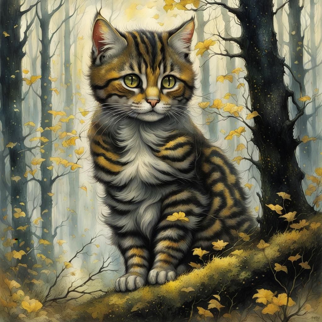 Cute Wild Cat with Reflective Eyes in Forest
