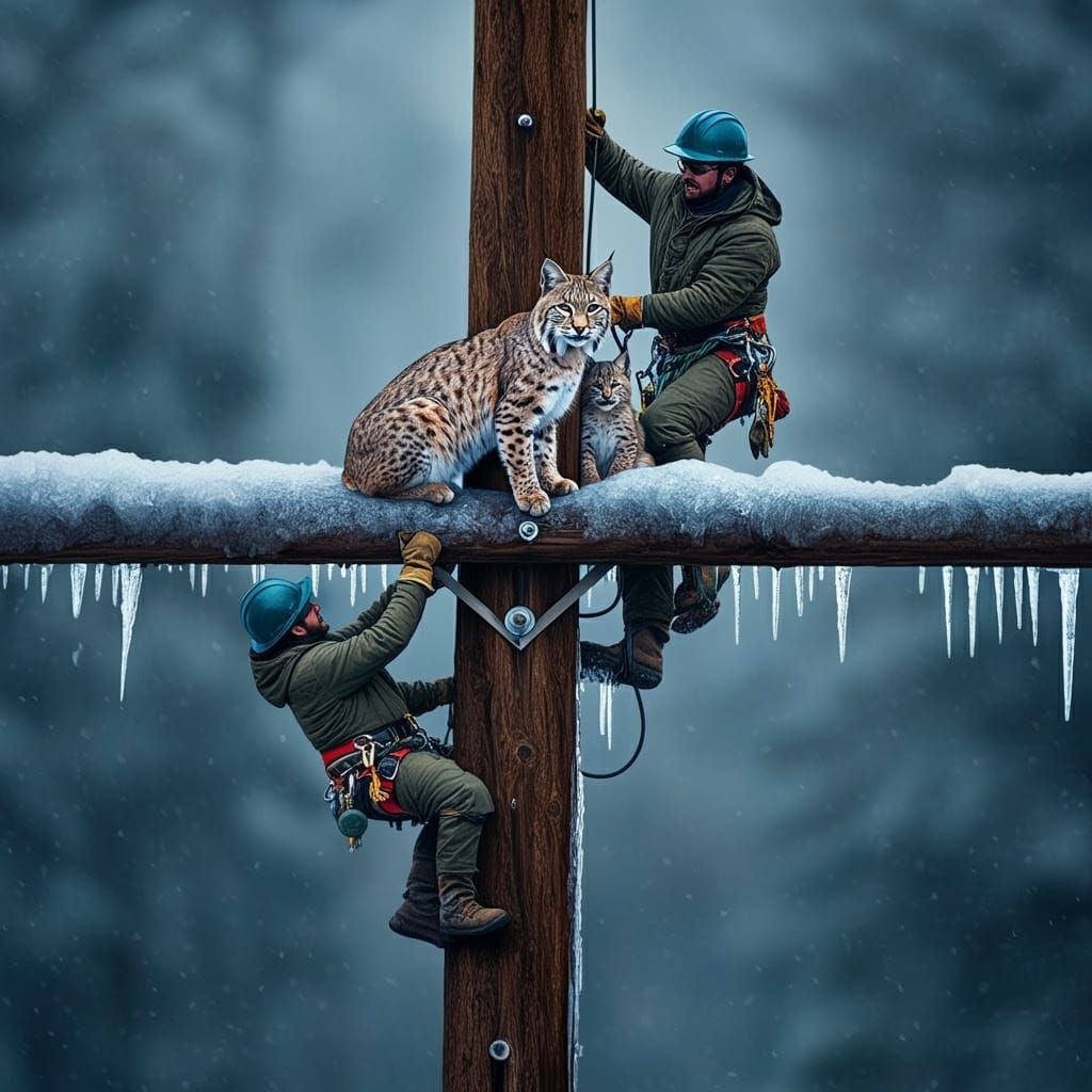 Linemen Rescue Bobcat Family on Frozen Telephone Pole